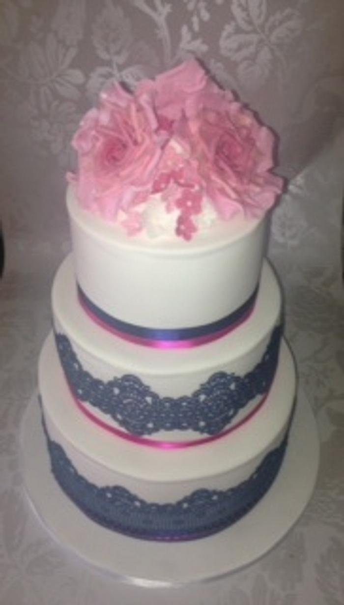 Navy & Pink Lace Wedding Cake