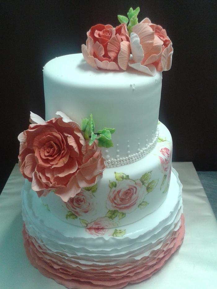 wedding cake with hand painted roses