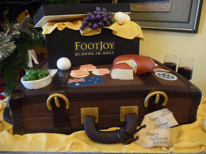 Luggage, golf, wine and cheese cake