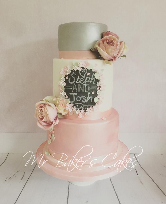 Chalkboard and Roses Wedding Cake