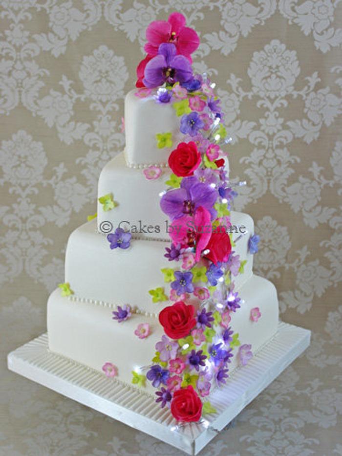 Floral cascade with fairy lights