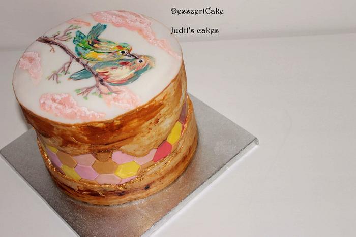 Fault line cake with hand painted birds