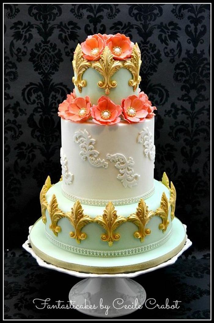 Peach and Gold Wedding Cake