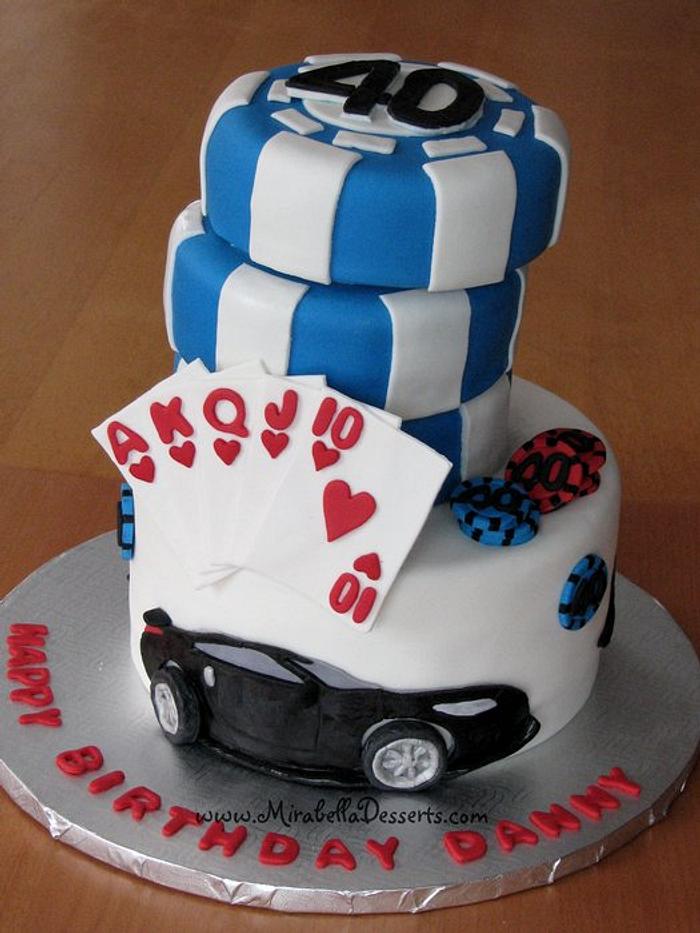 Sportscar and poker-themed birthday cake