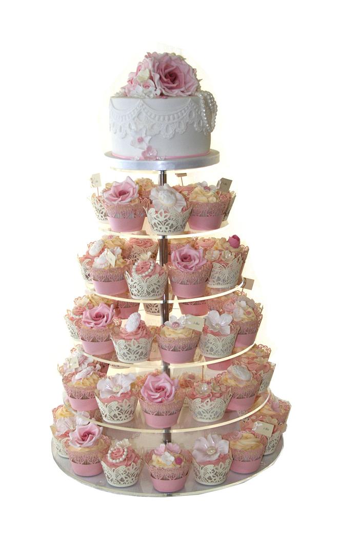 Pink and ivory vintage cupcake tower
