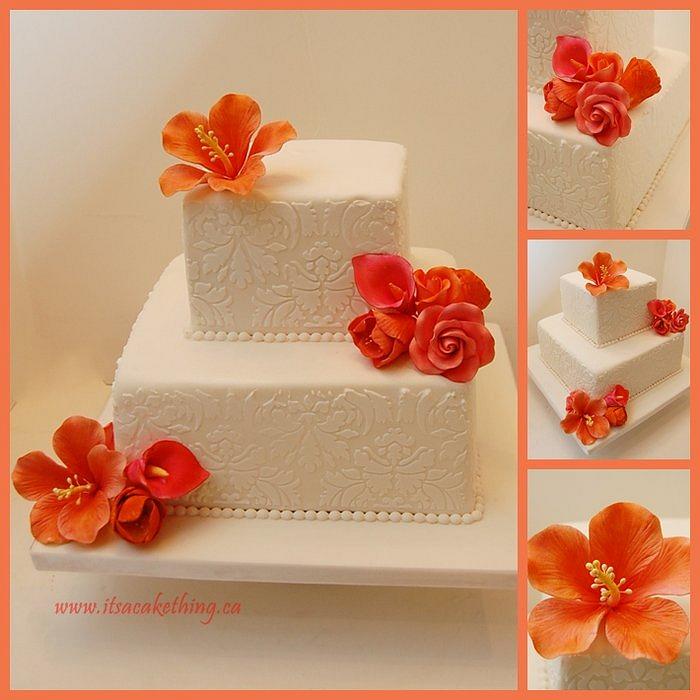 Damask Coral Coloured Engagement Cake 