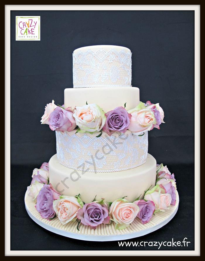Roses and lace wedding cake