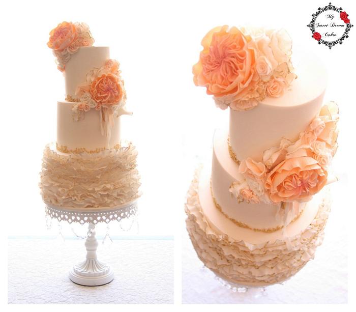 Wedding Cake with Peach, Ivory and Gold