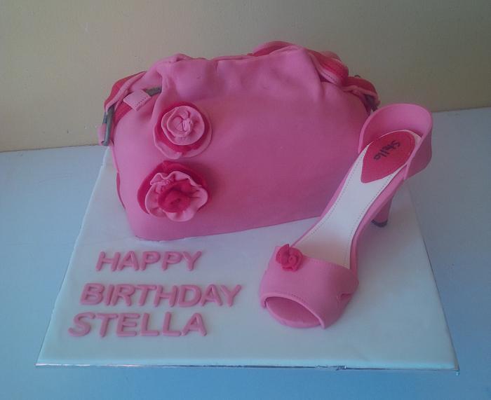 Pink handbag and shoe cake