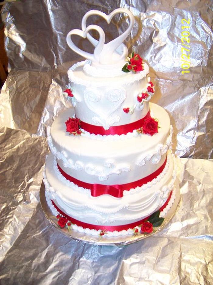 Red Roses and Ribbons Three Tier Wedding Cake