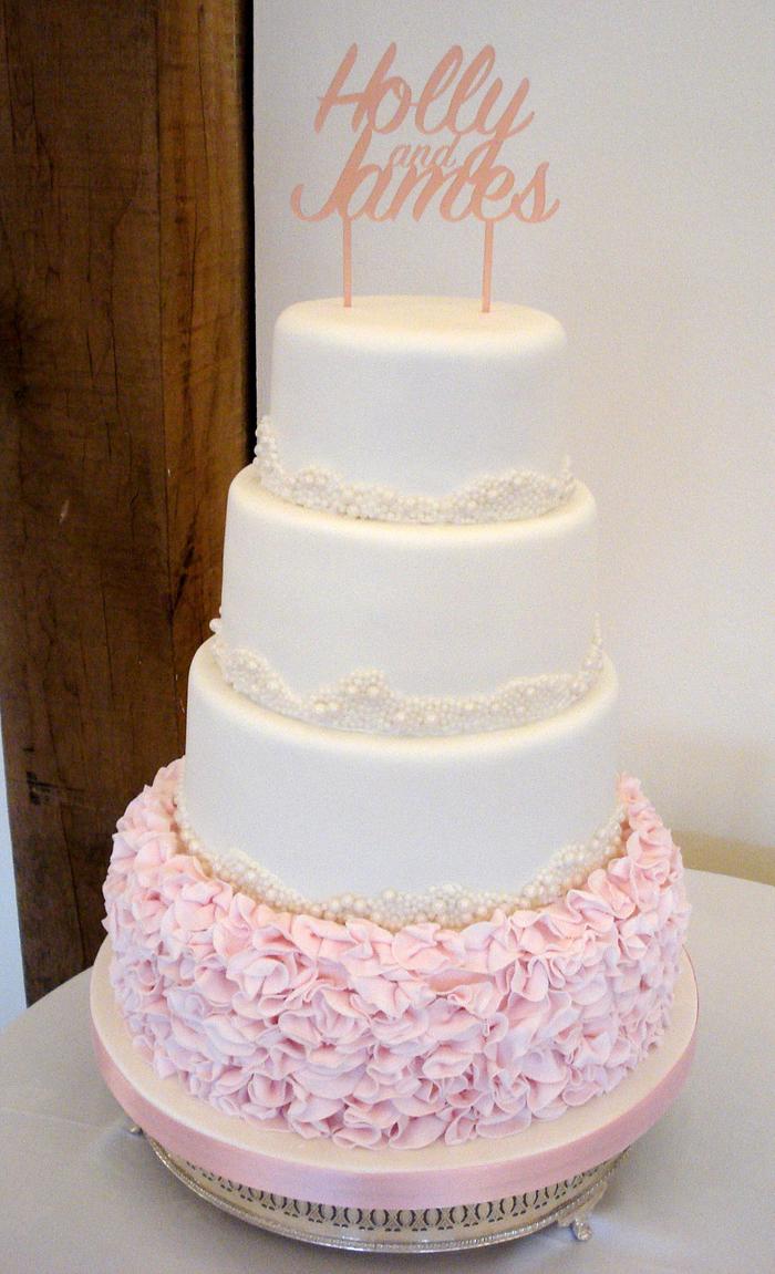 Pink Ruffle & Pearls Wedding Cake