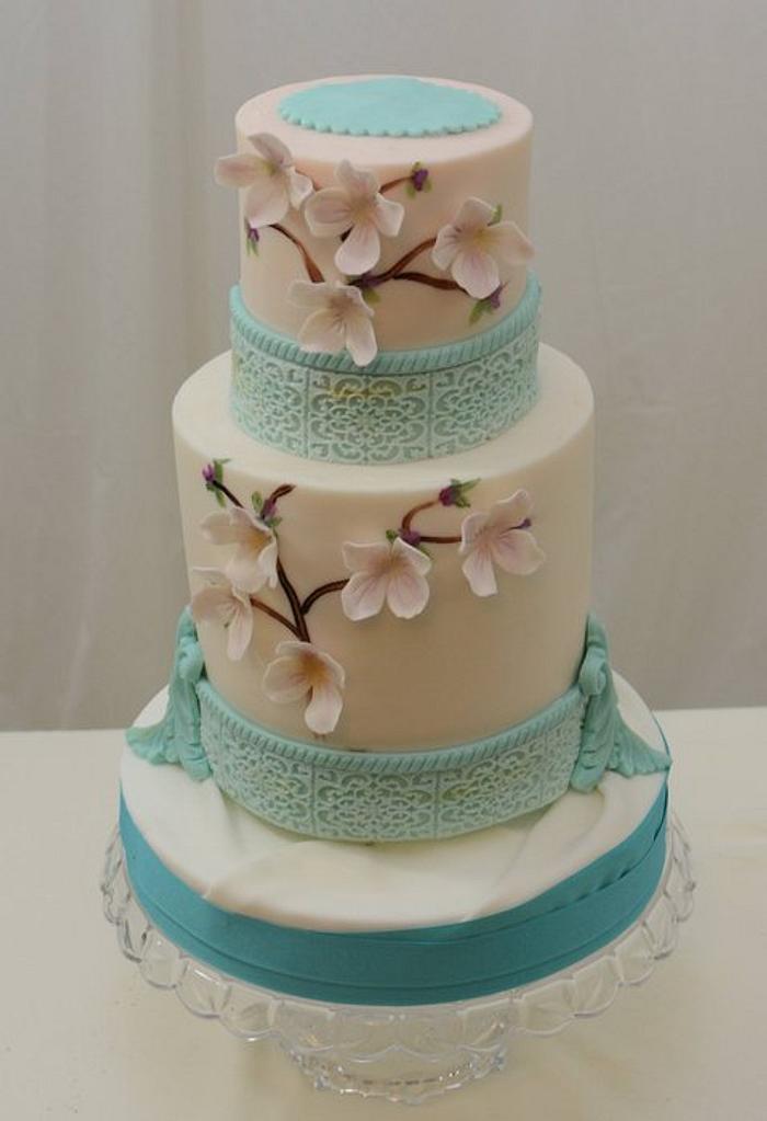 Teal and Cream with Lavender Blossoms