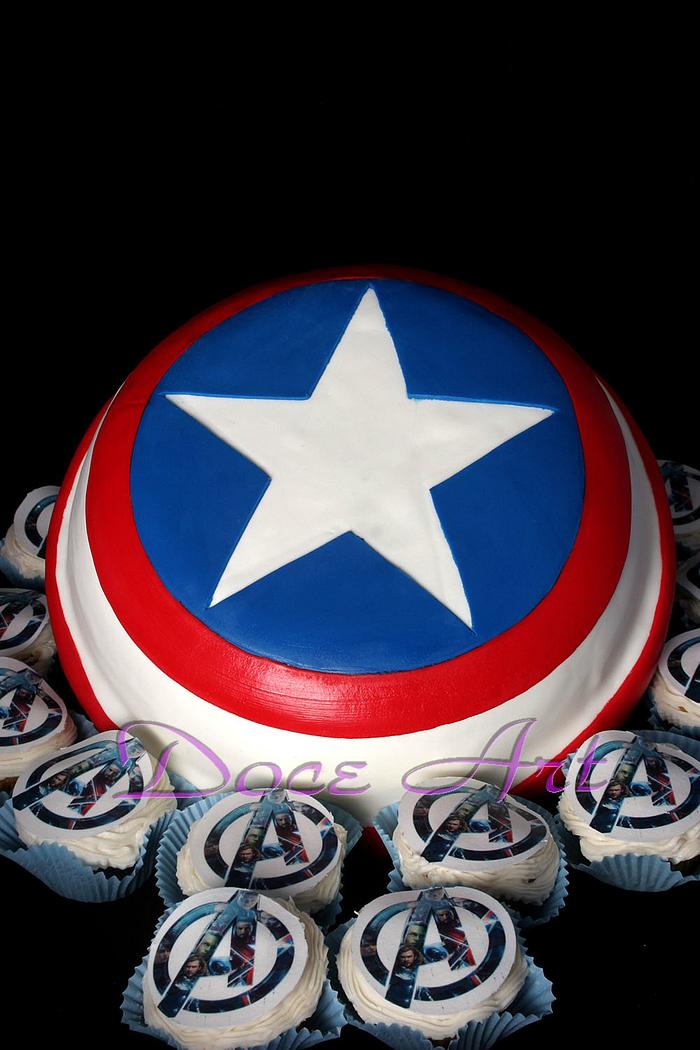 Captain America shield cake & cupcakes