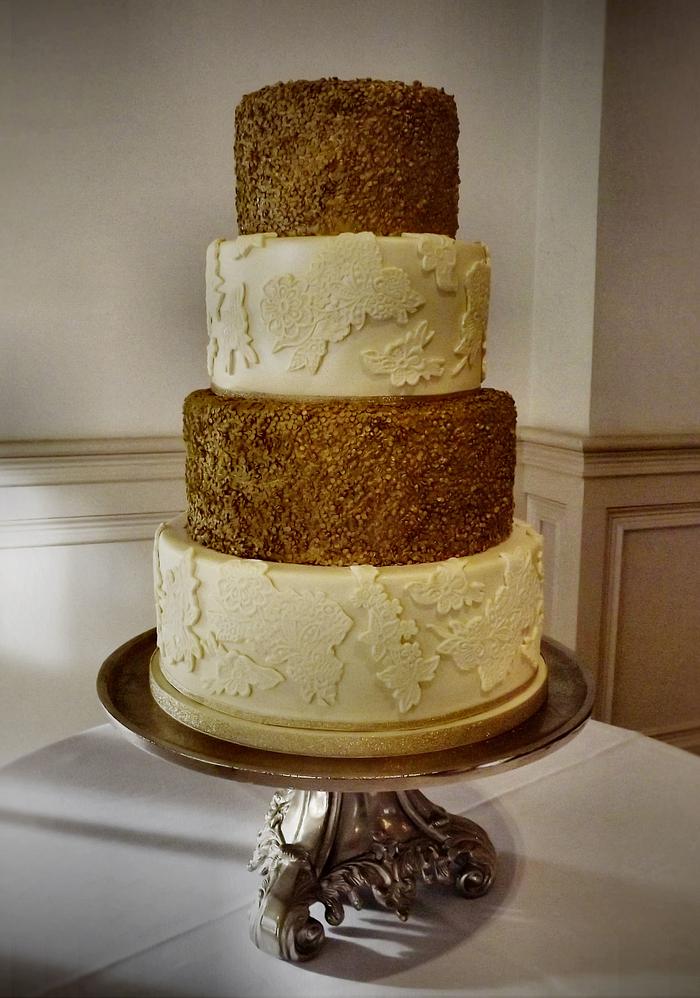 Gold Sequins and Lace Wedding cake