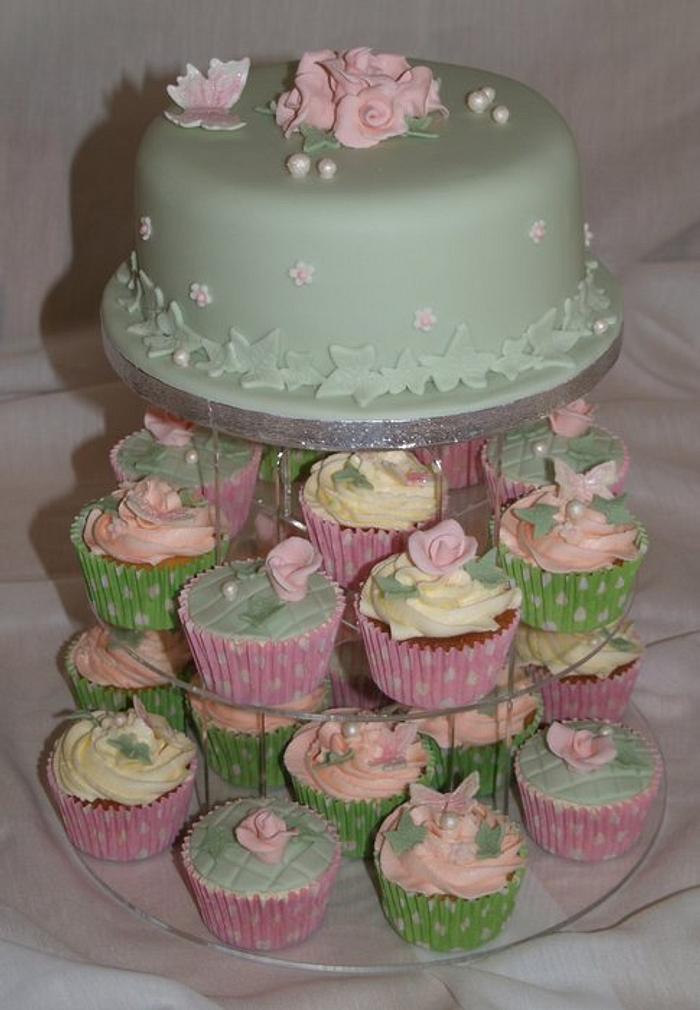 vintage cupcake tower with cutting tier
