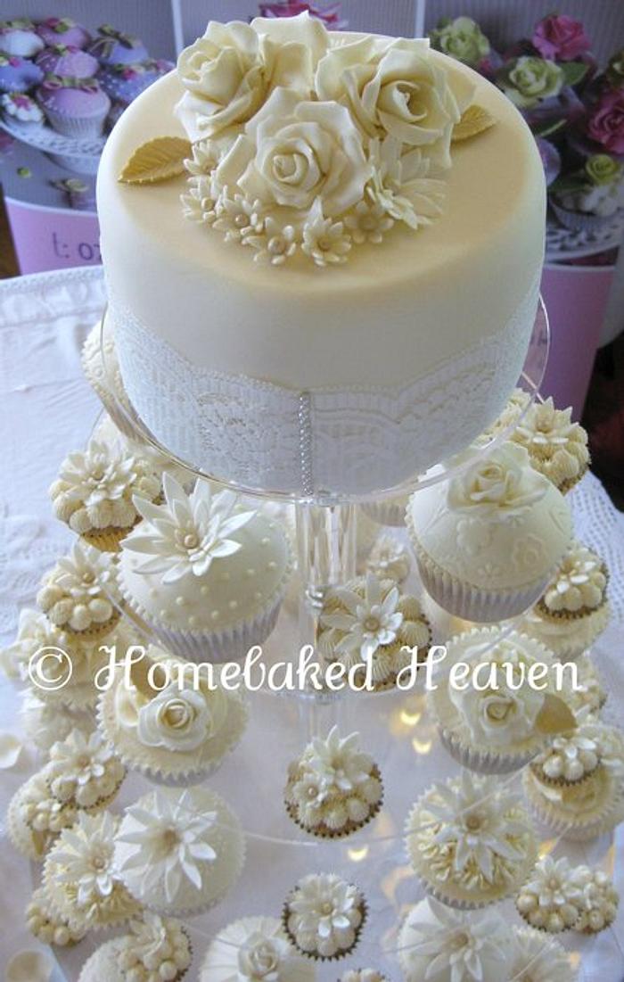 Roses, lace & pearls wedding cupcakes