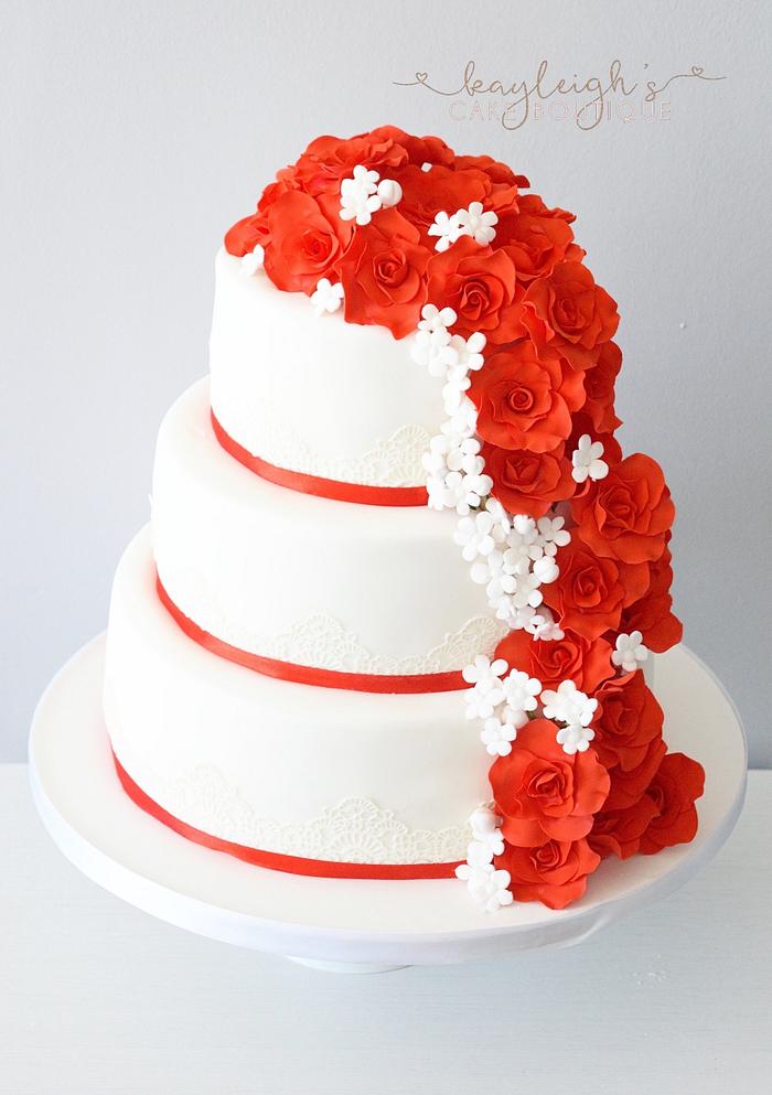 Red and white rose wedding cake 