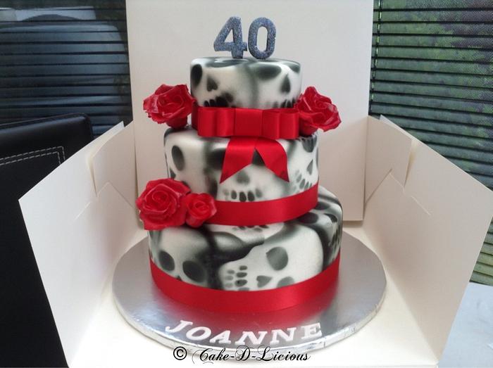 Skulls & Roses design 3 Tier 40th Birthday Cake