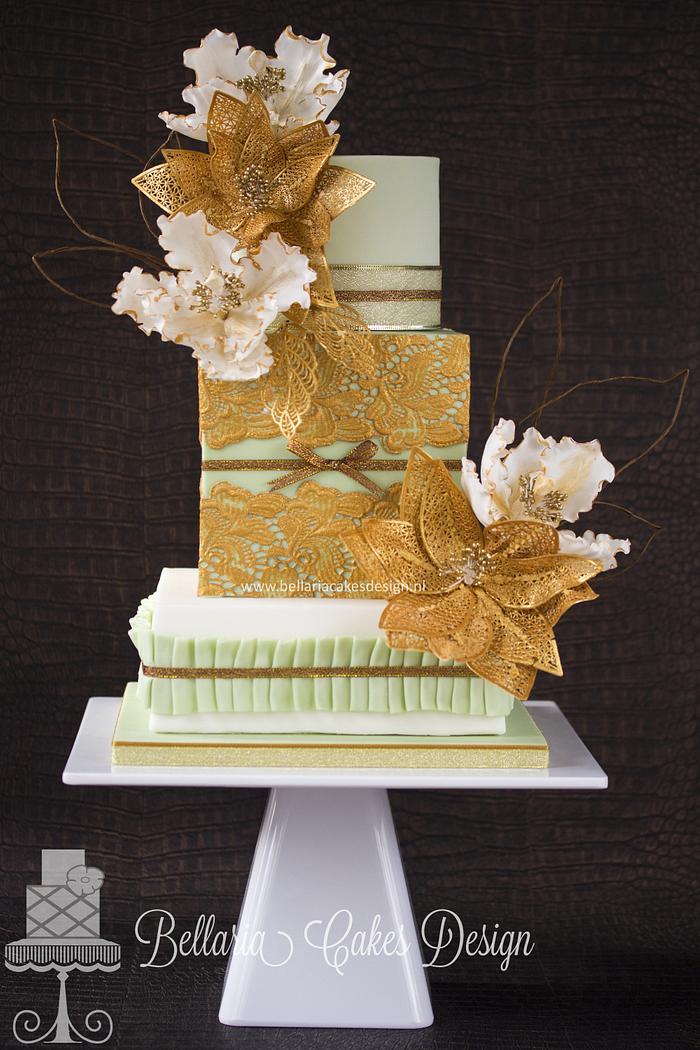 Gold lace wedding cake 