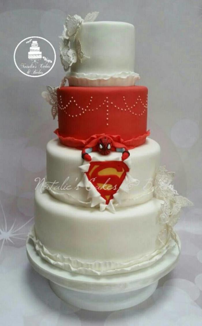 Superhero reveal wedding cake