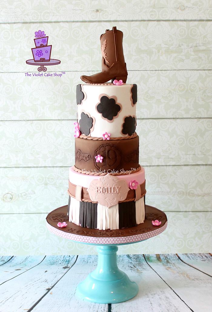 GIRLY WESTERN 19th Birthday Cake with Boot Topper