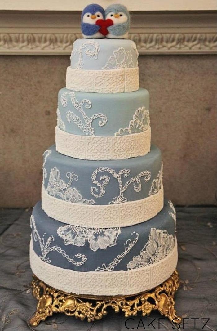 Blue Ombre Wedding Cake w/ Brush Emboidery