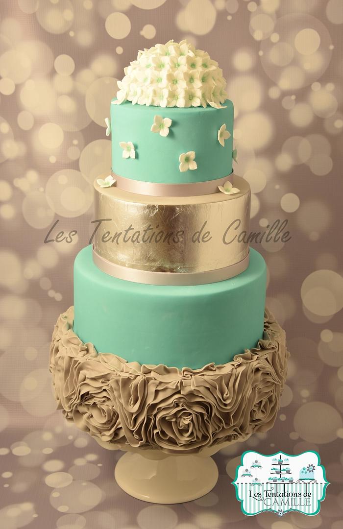 Turquoise & gray wedding cake