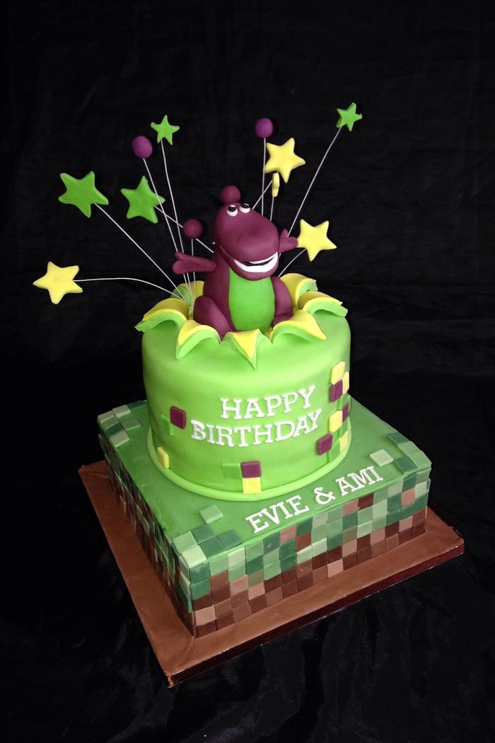 Barney and Minecraft fusion cake