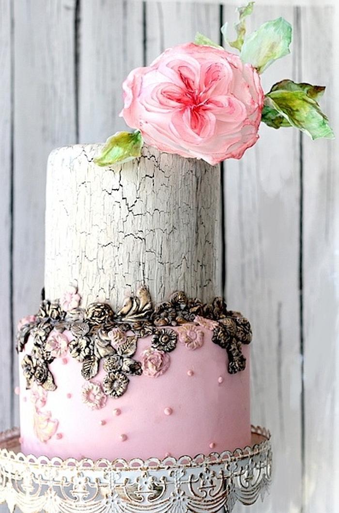 Cracked Cake with Wafer paper English Rose