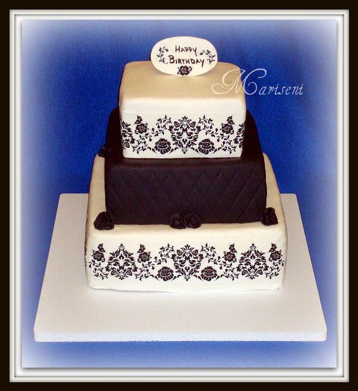 Black & White Damask Birthday Cake