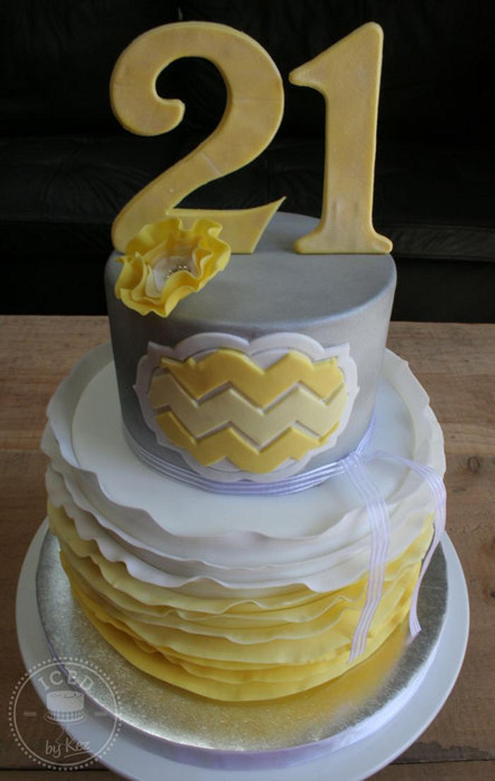 Yellow, Silver & White 21st Ruffle Cake