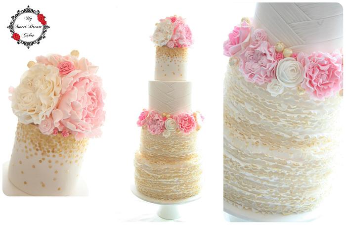 Ivory, Pink & Gold Wedding Cake 
