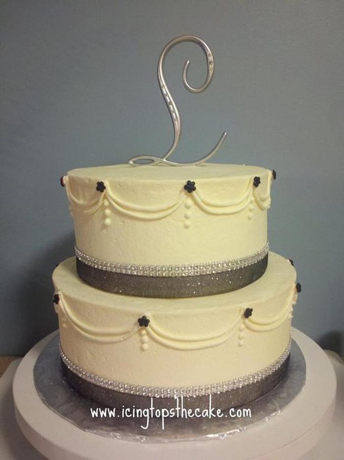 Ivory and Black Sparkly Wedding Cake w/ Rhinestones