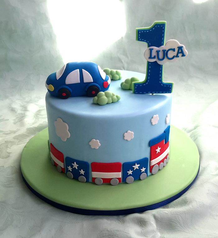 Little train and car themed birthday cake