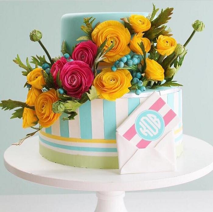Bright Sugar Flowers and Stripes Birthday Cake 