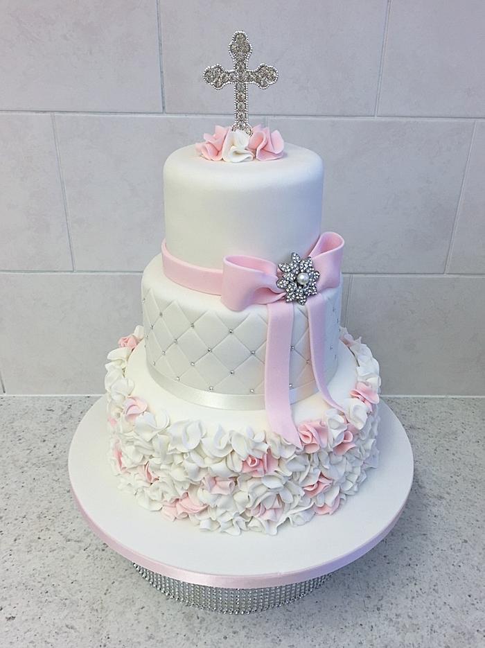Pink ruffle christening cake
