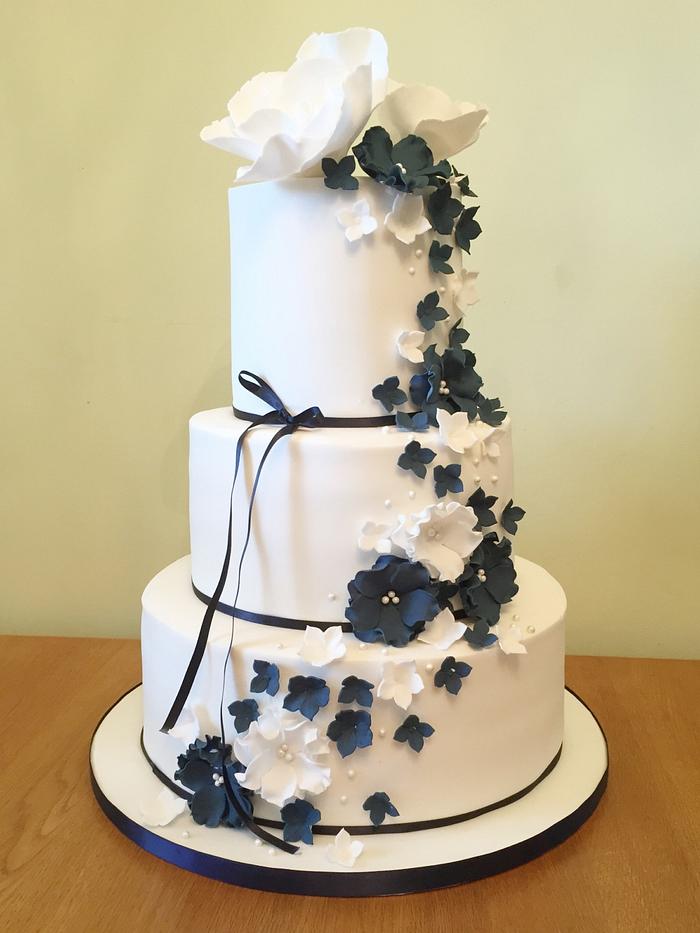 White and Navy Wedding Cake