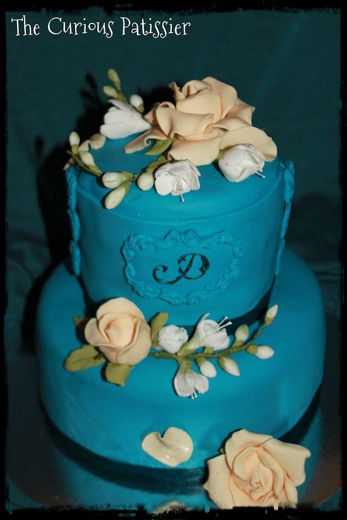 Turquoise cake with freesia