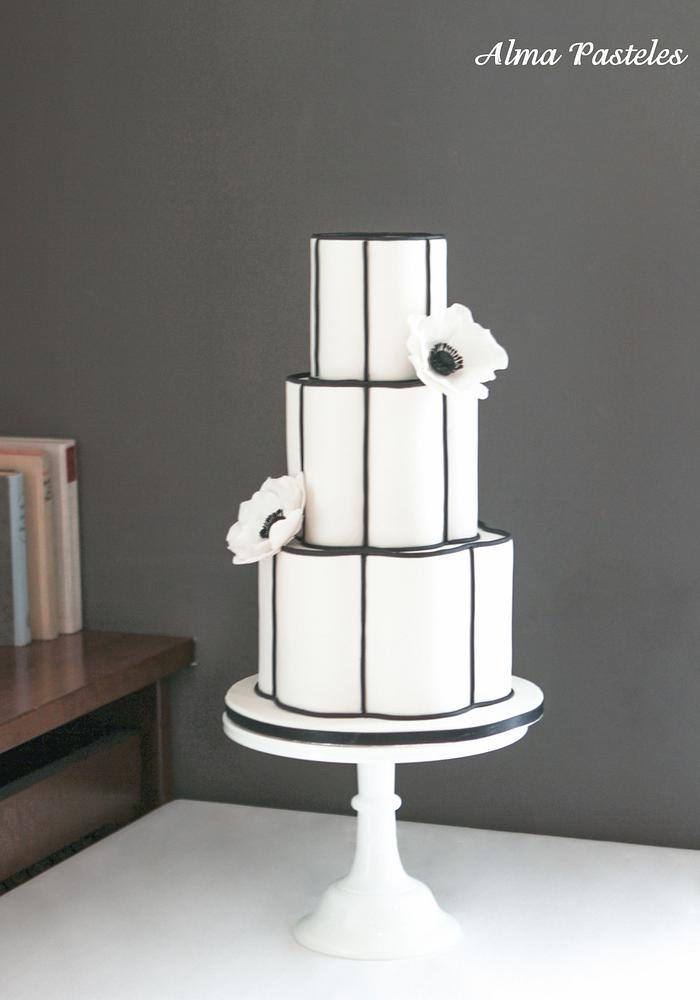 Black and white themed wedding cake
