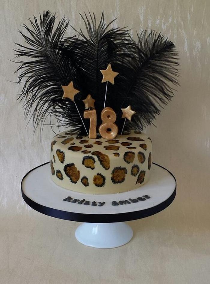Handpainted Leopard Print cake with feathers 