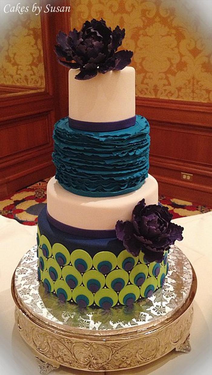 Peacock themed wedding cake