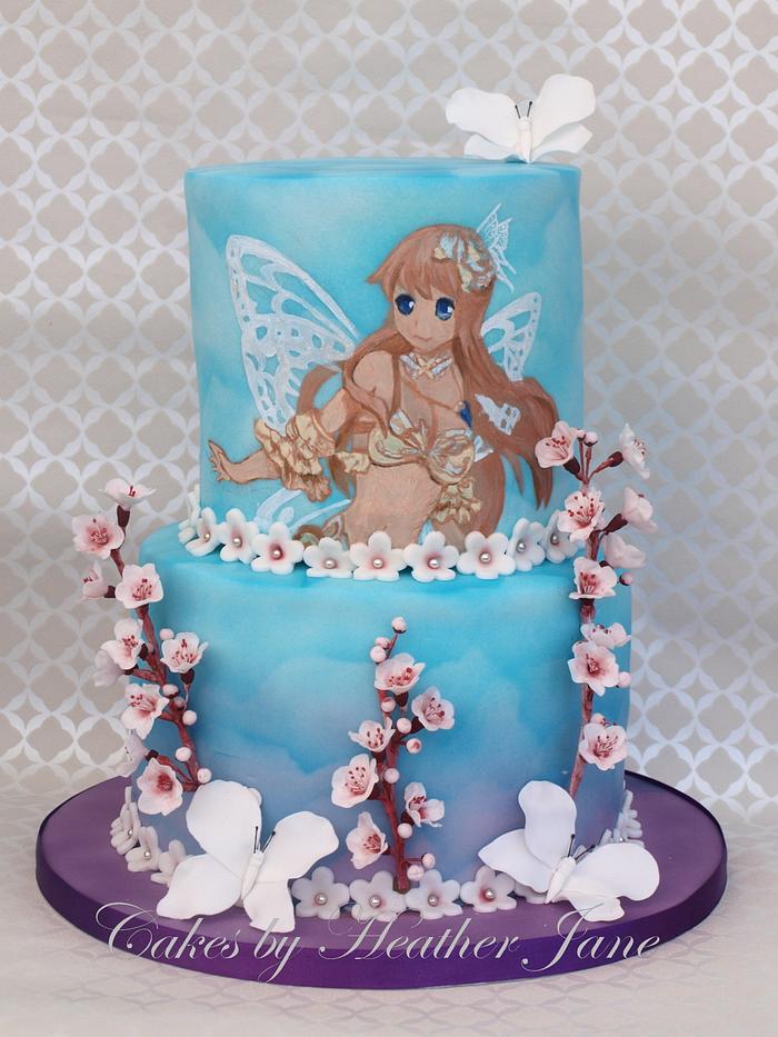Handpainted Anime Blossom Fairy - my daughter's 13th Birthday cake