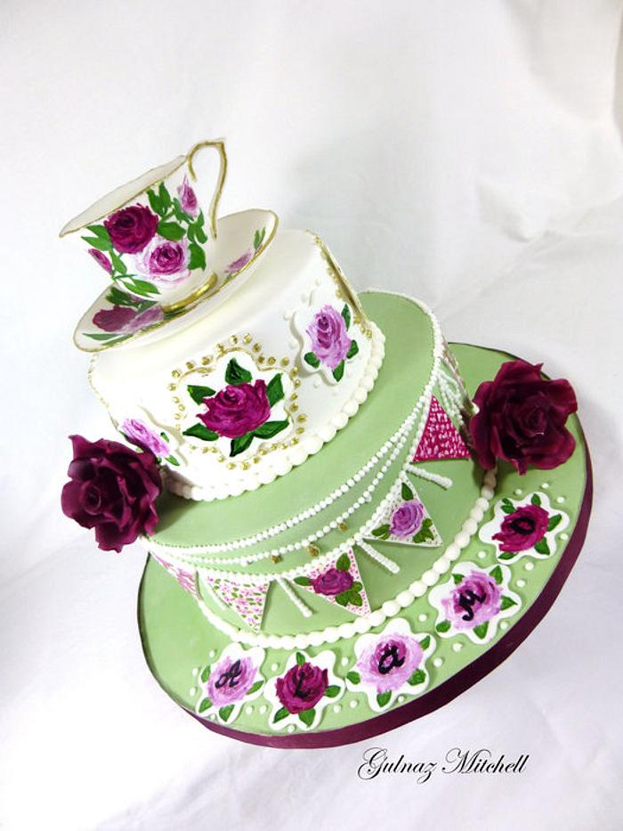 Free Hand Painted English High Tea Party cake with hand painted cup and saucer.