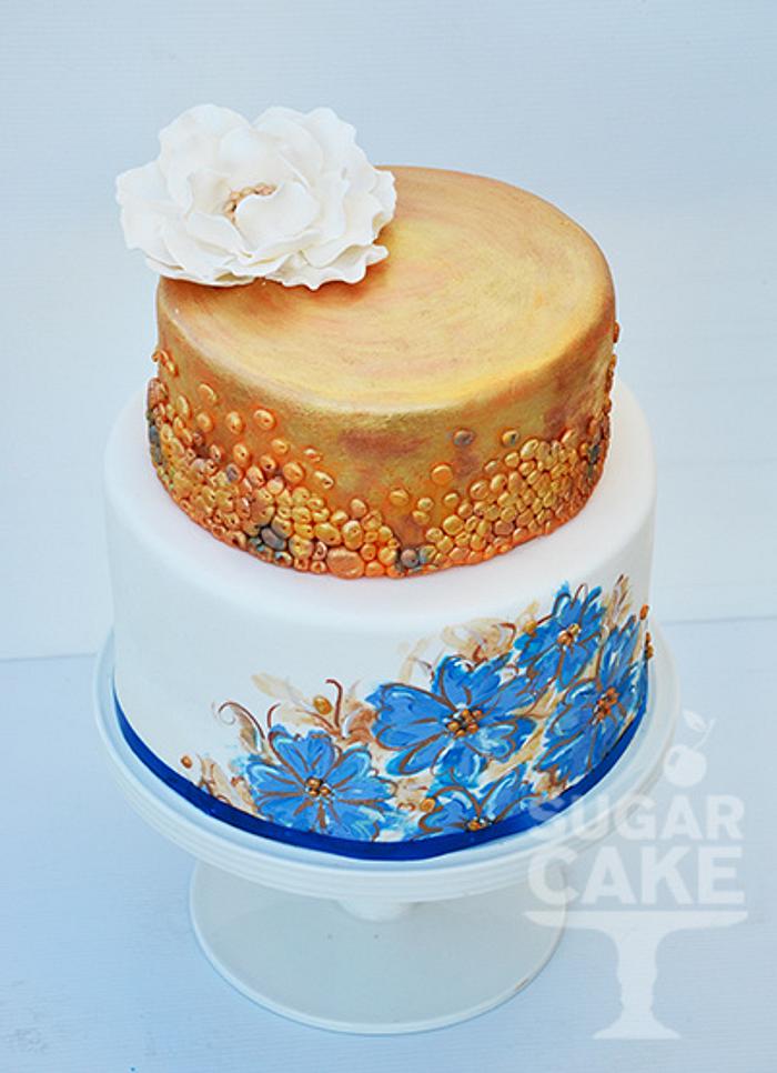 Gold and blue handpainted arty cake