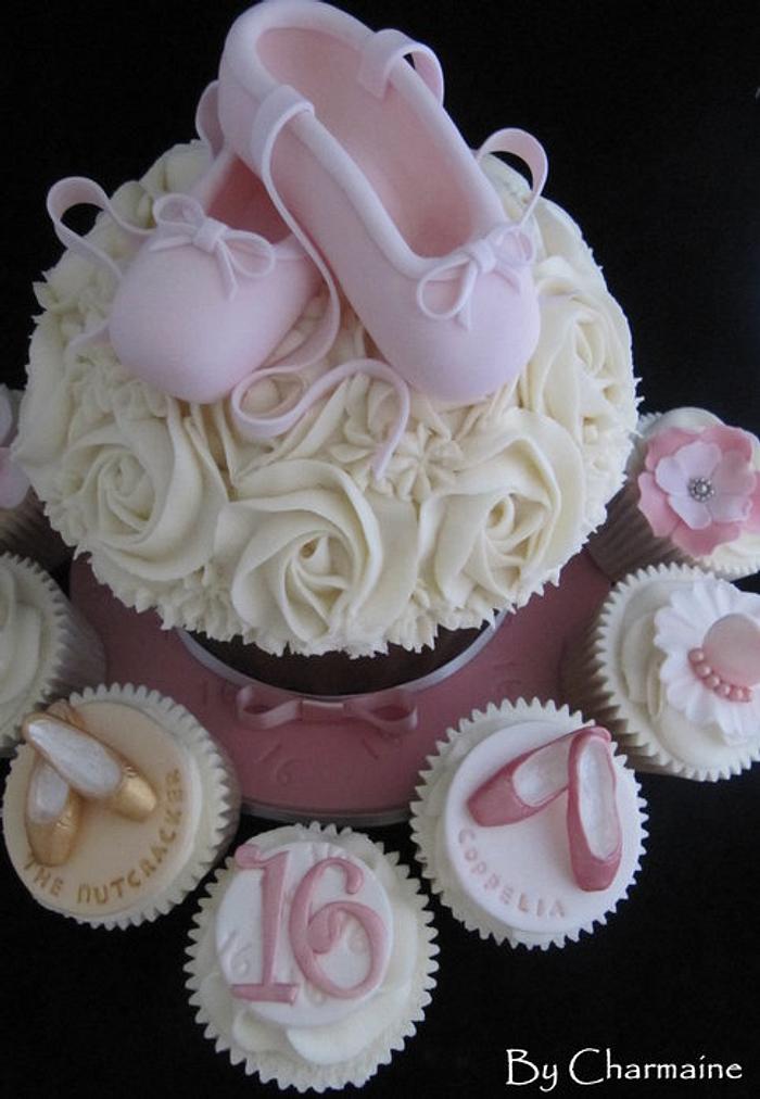 A collection of ballet cupcakes and giant cupcake