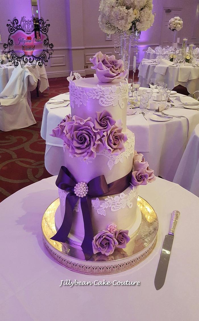 Rose and lace wedding cake