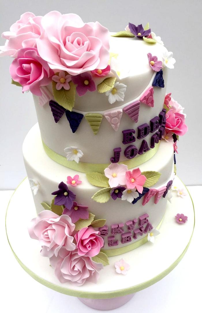 Floral Christening Cake for Two Sisters