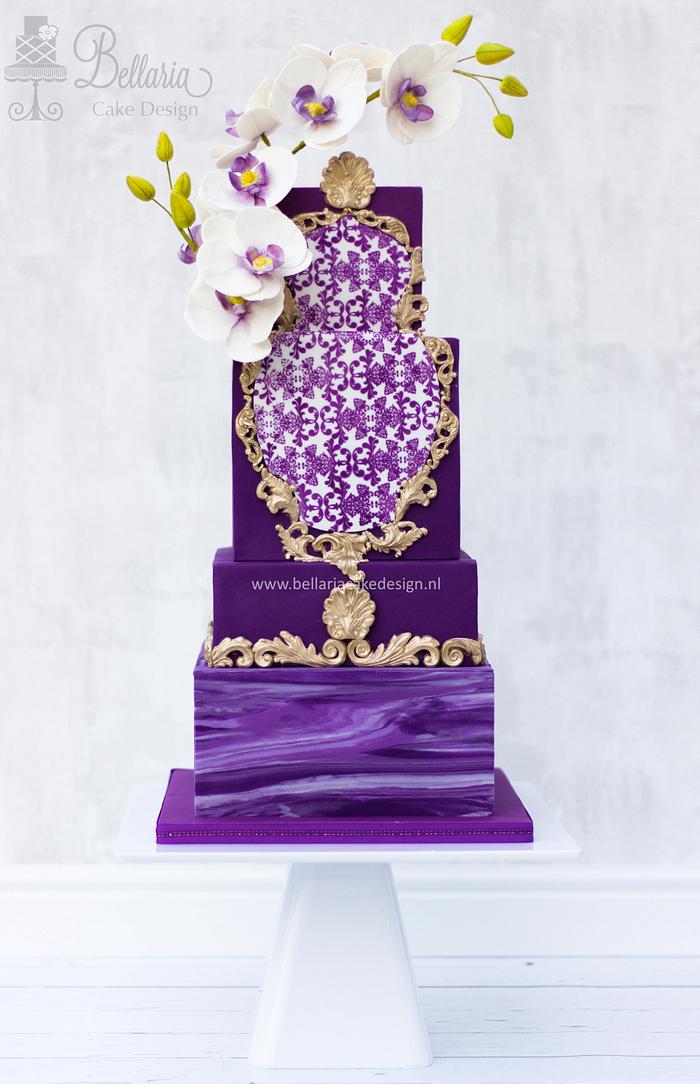 Purple gold rococo wedding cake