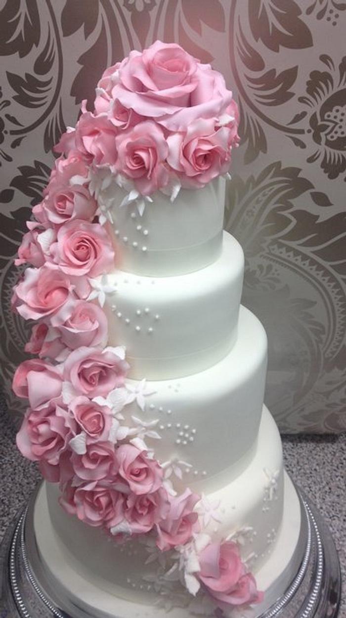 Pink Cascading Rose Wedding Cake
