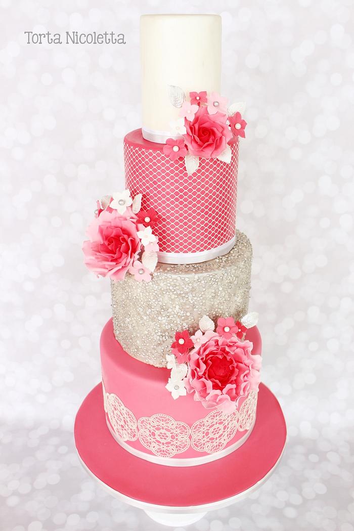 Wedding cake in silver and pink